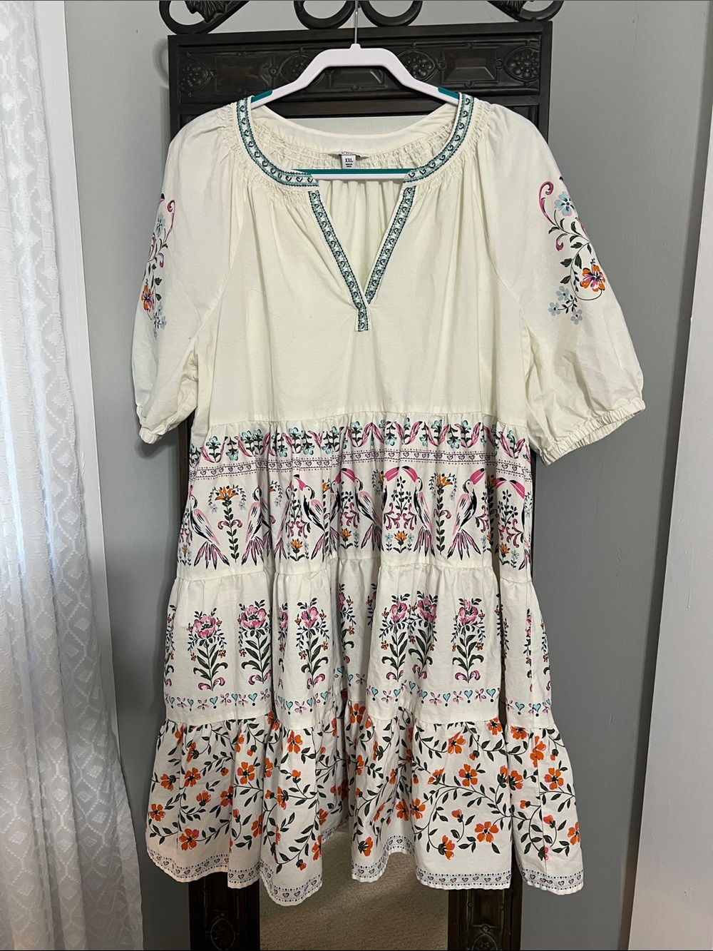 crown & ivy Cream Midi Dress with Multicolor Floral Embroidery